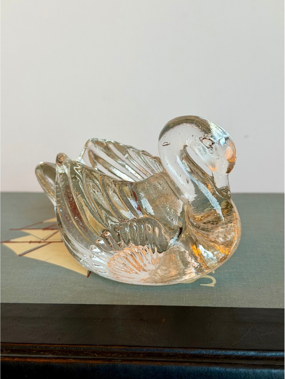 Vintage Clear Glass Swan Figurine Trinket Dish Bowl Art Glass Decor